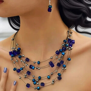 2/$30 Layered Blue & Purple Beaded Necklace & Earrings Set | Boho Chic Vibes